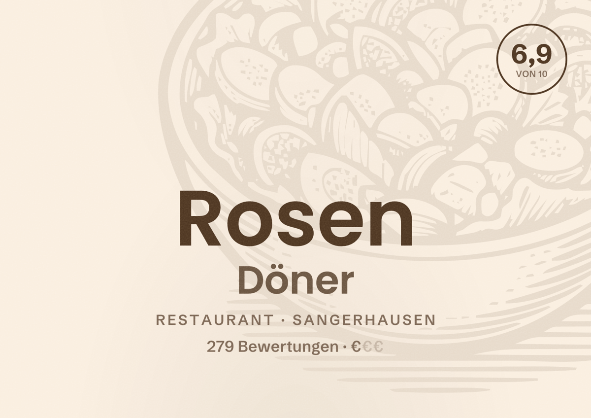 Illustriertes Poster von Rosen Döner, Restaurant in Sangerhausen: Bewertung 6,9 von 10 aus 279 Bewertungen, Preisniveau €