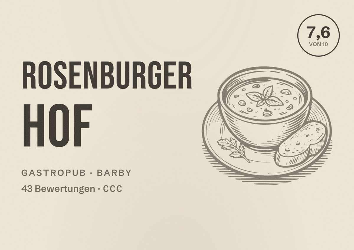 Illustriertes Poster von Rosenburger Hof, Gastropub in Barby: Bewertung 7,6 von 10 aus 43 Bewertungen, Preisniveau €€€