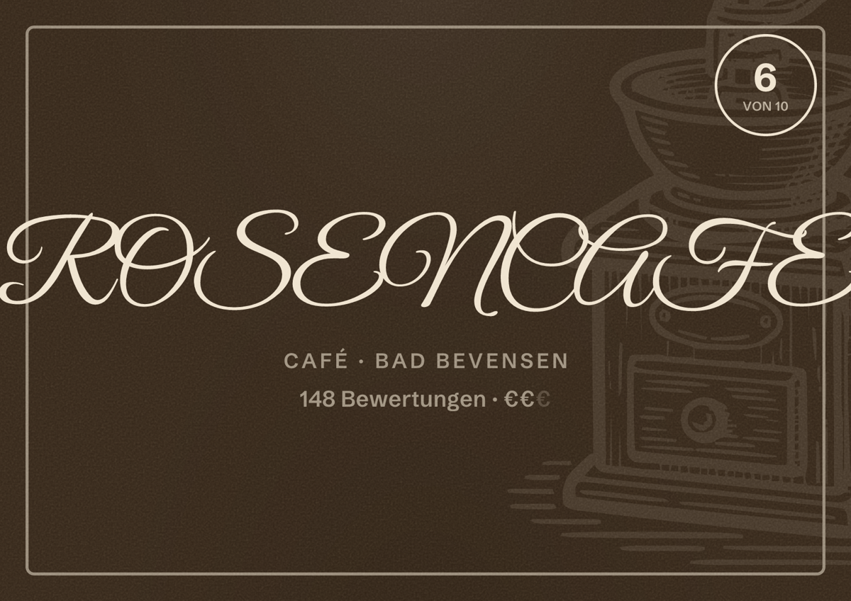 Illustriertes Poster von ROSENCAFE, Café in Bad Bevensen: Bewertung 6 von 10 aus 148 Bewertungen, Preisniveau €€