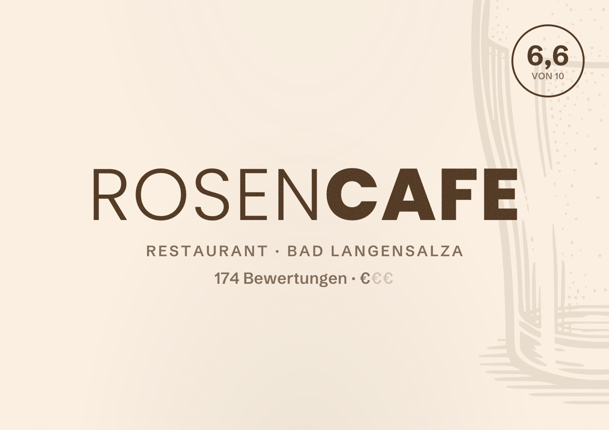 Illustriertes Poster von Rosencafe, Restaurant in Bad Langensalza: Bewertung 6,6 von 10 aus 174 Bewertungen, Preisniveau €