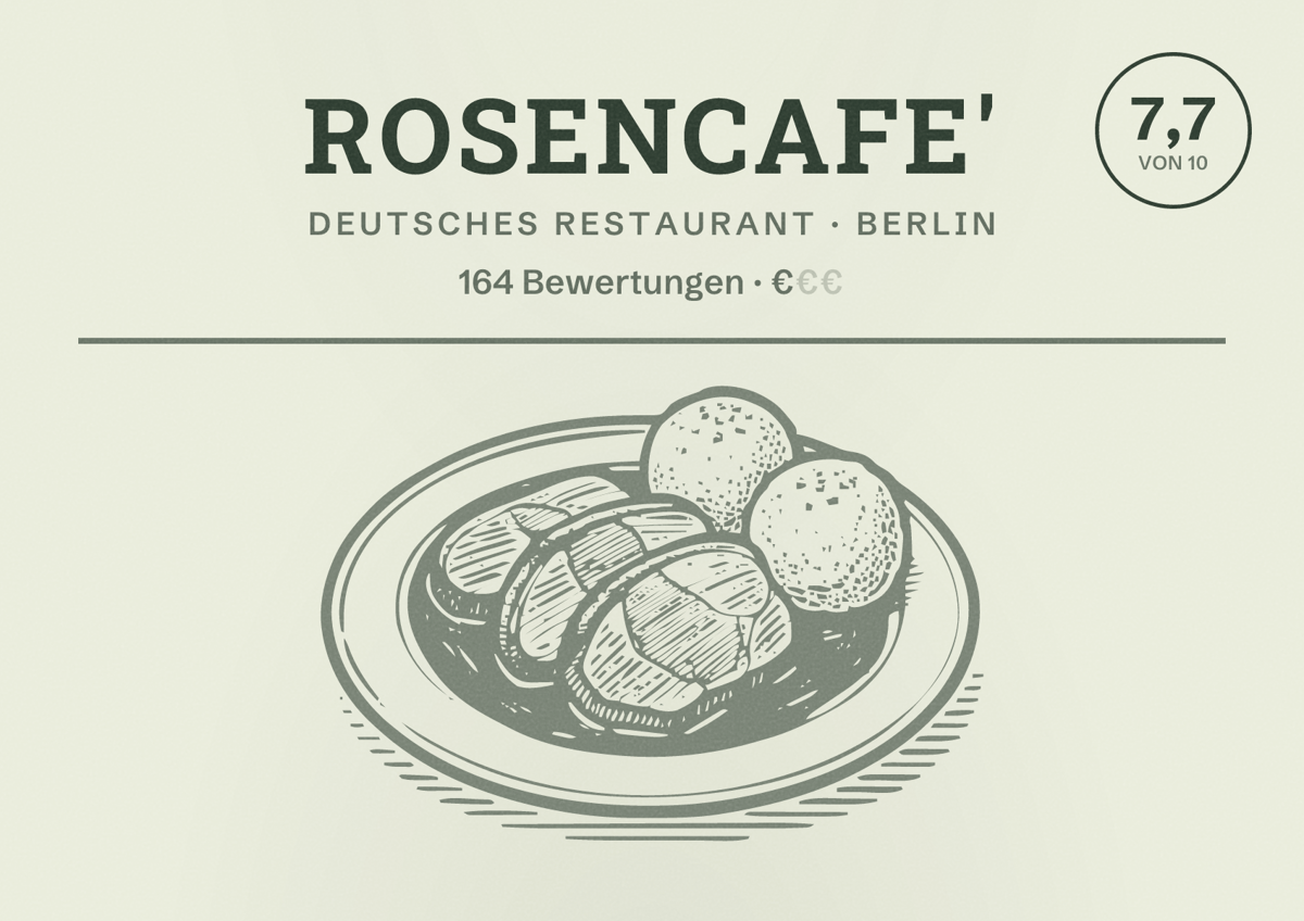 Illustriertes Poster von Rosencafe', Deutsches Restaurant in Berlin: Bewertung 7,7 von 10 aus 164 Bewertungen, Preisniveau €