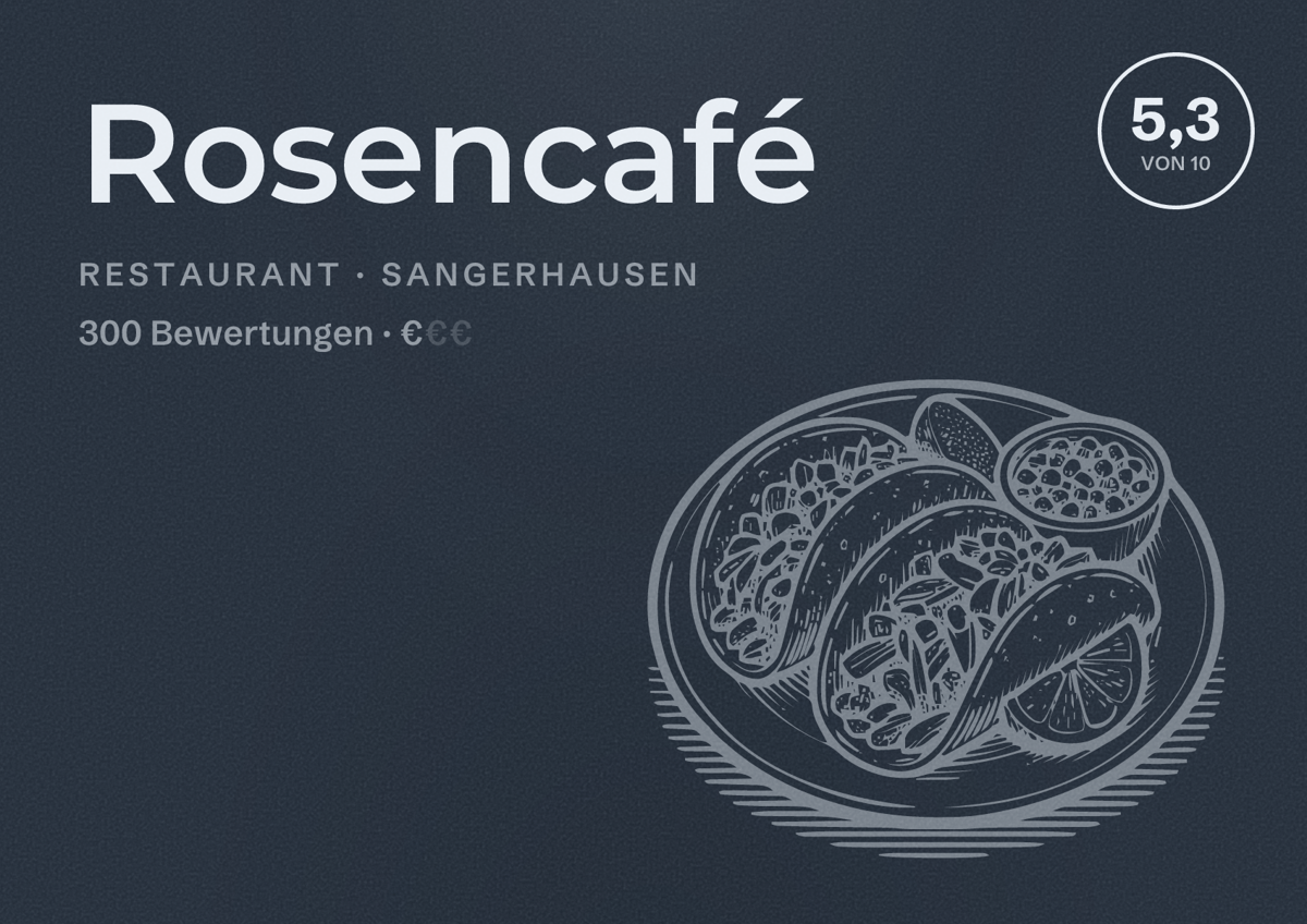 Illustriertes Poster von Rosencafé, Restaurant in Sangerhausen: Bewertung 5,3 von 10 aus 300 Bewertungen, Preisniveau €
