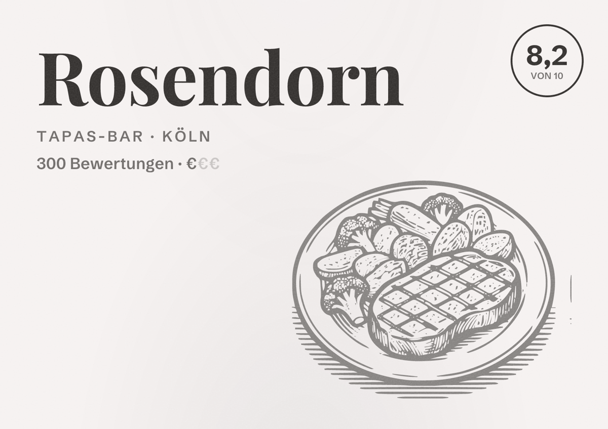 Illustriertes Poster von Rosendorn, Tapas-Bar in Köln: Bewertung 8,2 von 10 aus 300 Bewertungen, Preisniveau €
