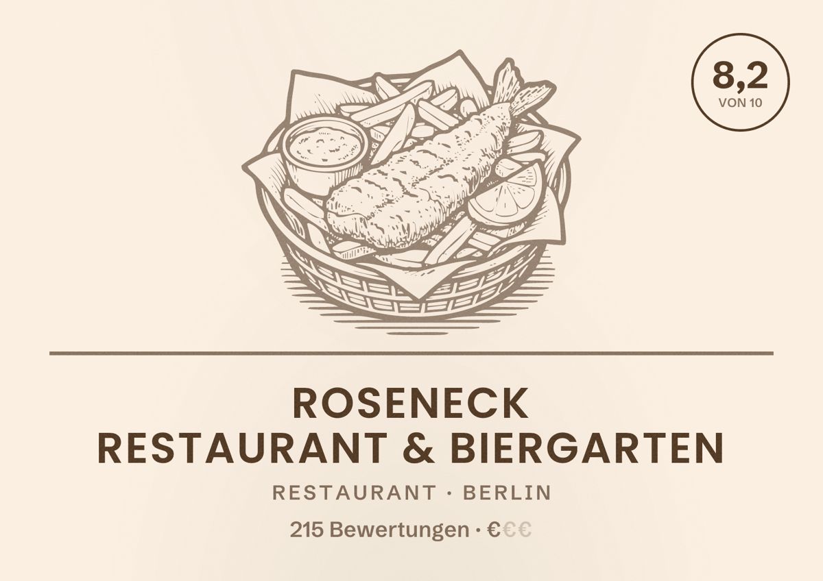 Illustriertes Poster von Roseneck Restaurant & Biergarten, Restaurant in Berlin: Bewertung 8,2 von 10 aus 215 Bewertungen, Preisniveau €