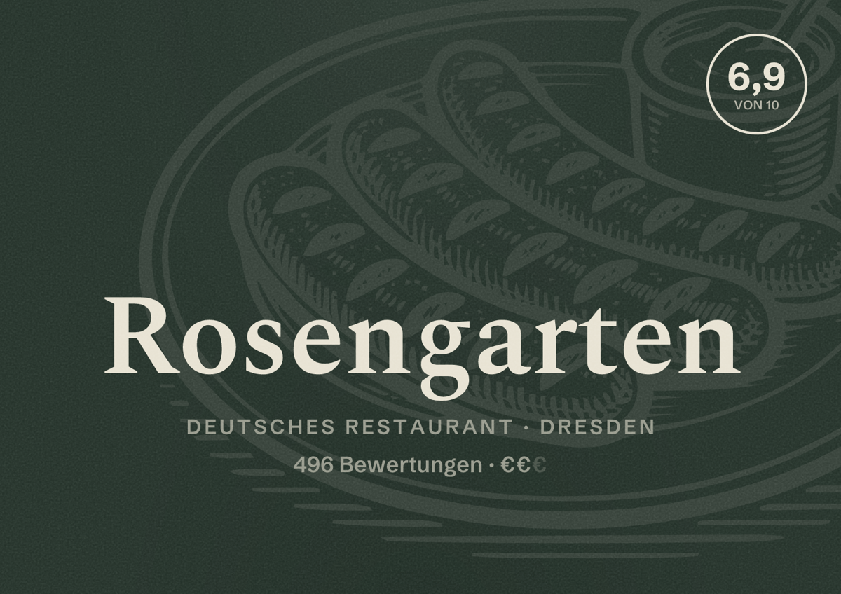 Illustriertes Poster von Rosengarten, Deutsches Restaurant in Dresden: Bewertung 6,9 von 10 aus 496 Bewertungen, Preisniveau €€