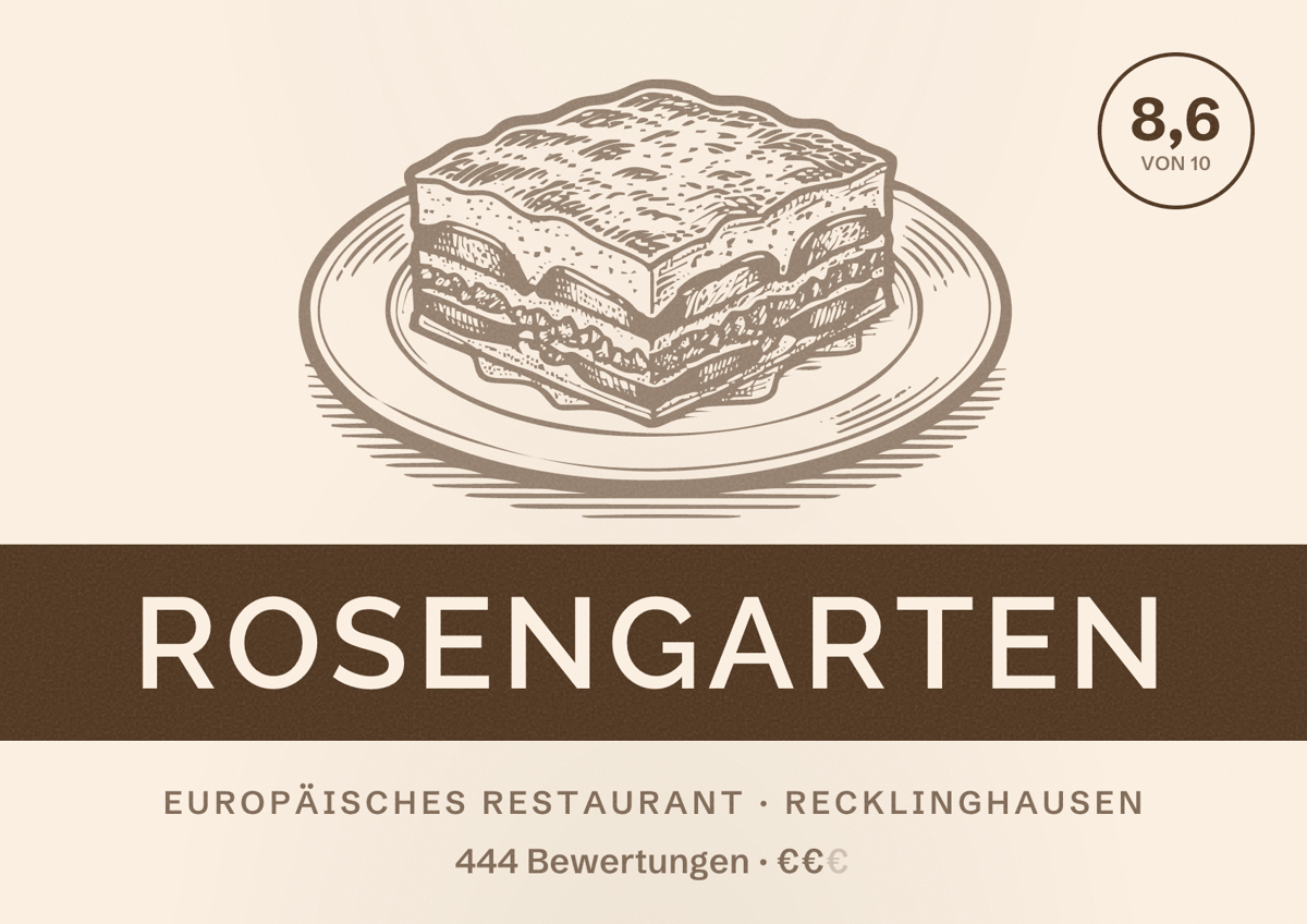 Illustriertes Poster von Rosengarten, Europäisches Restaurant in Recklinghausen: Gästebewertung 8,6 von 10 aus 444 Bewertungen