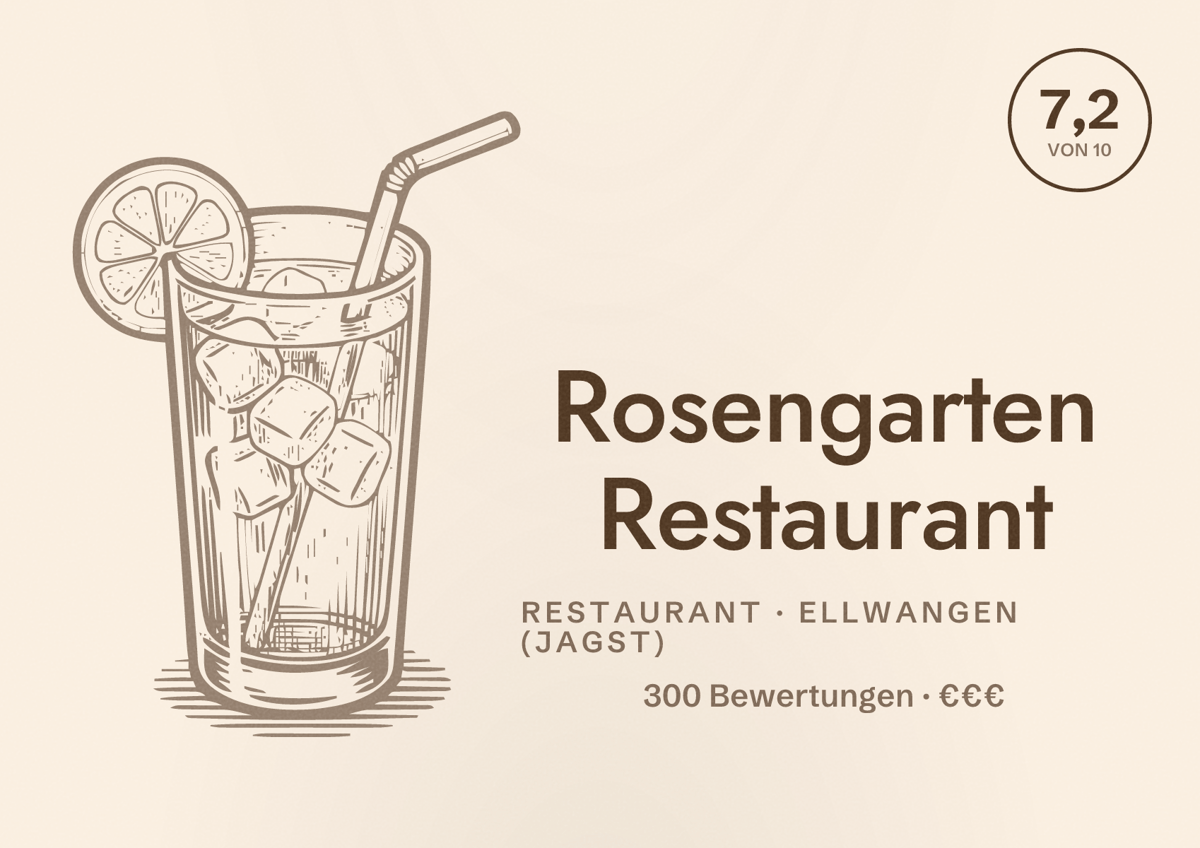 Illustriertes Poster von Rosengarten Restaurant, Restaurant in Ellwangen (Jagst): Bewertung 7,2 von 10 aus 300 Bewertungen, Preisniveau €€€