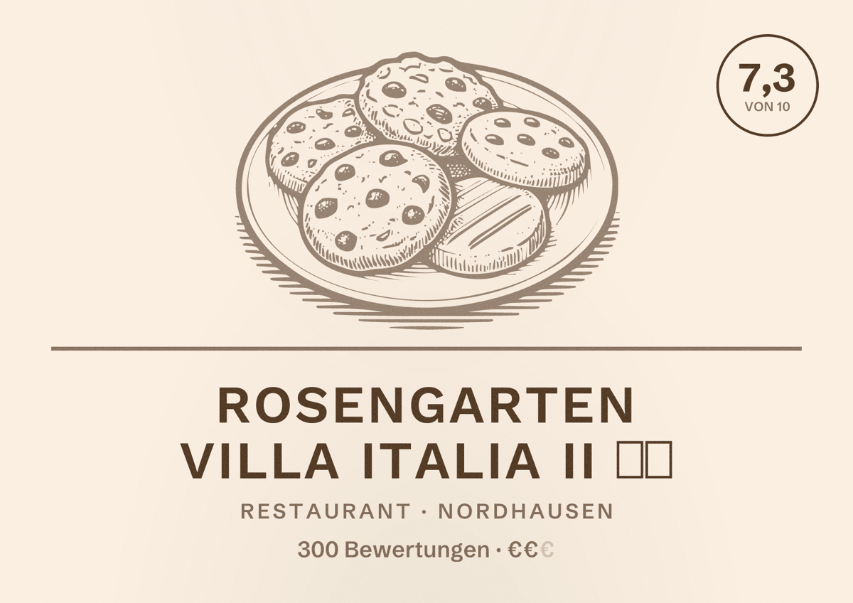 Illustriertes Poster von Rosengarten Villa Italia II 🍽️, Restaurant in Nordhausen: Bewertung 7,3 von 10 aus 300 Bewertungen, Preisniveau €€