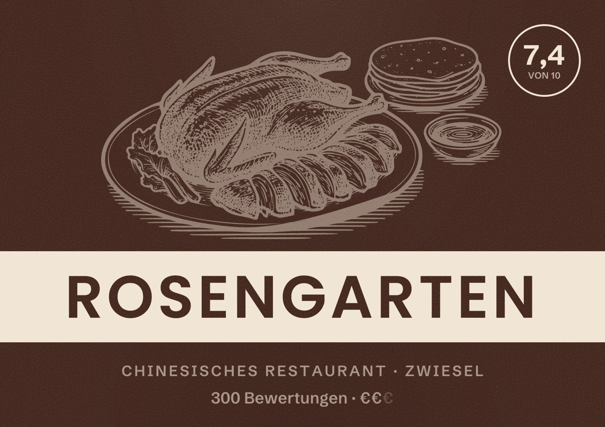 Illustriertes Poster von Rosengarten, Chinesisches Restaurant in Zwiesel: Bewertung 7,4 von 10 aus 300 Bewertungen, Preisniveau €€