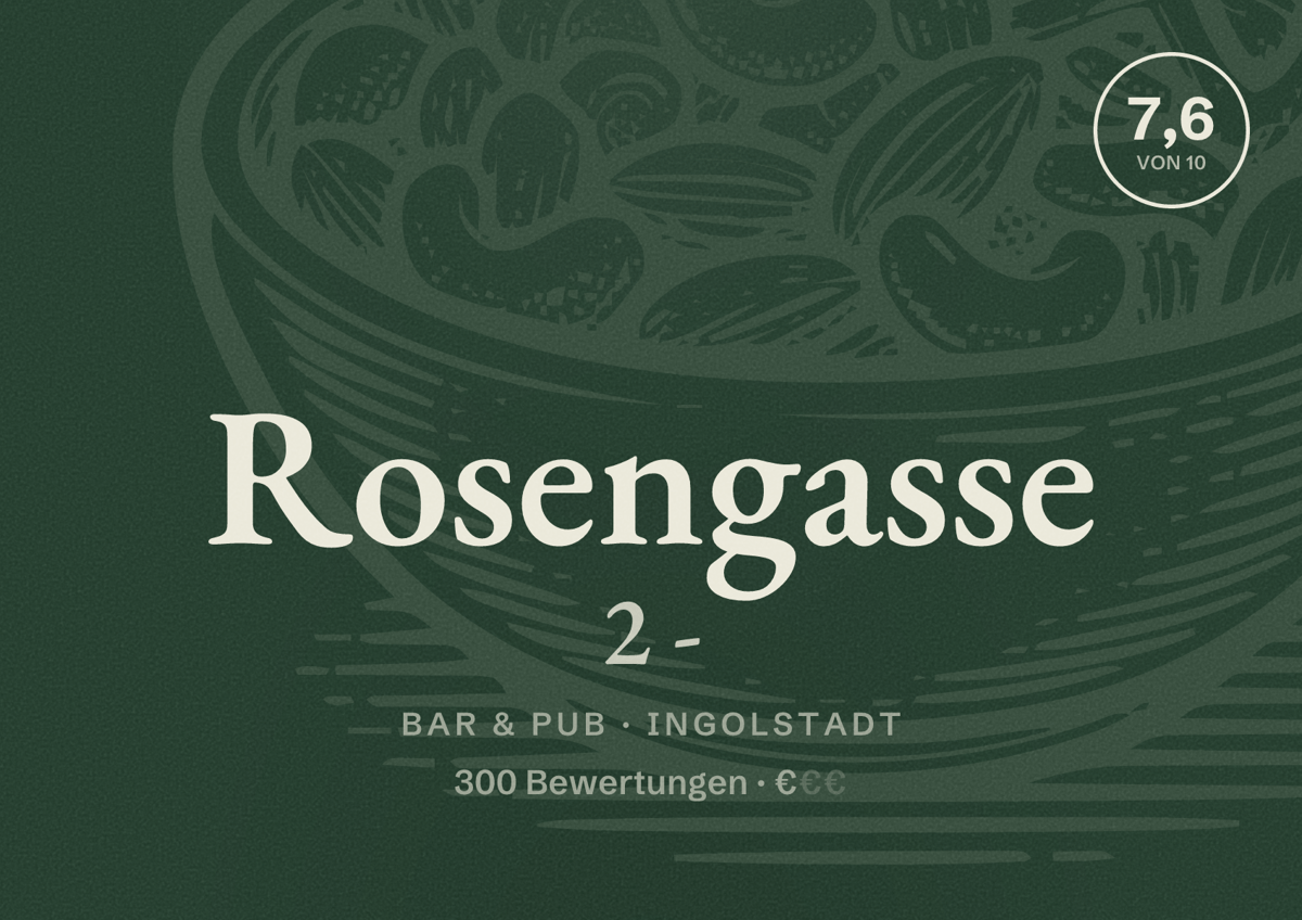 Illustriertes Poster von Rosengasse 2 -, Bar & Pub in Ingolstadt: Bewertung 7,6 von 10 aus 300 Bewertungen, Preisniveau €