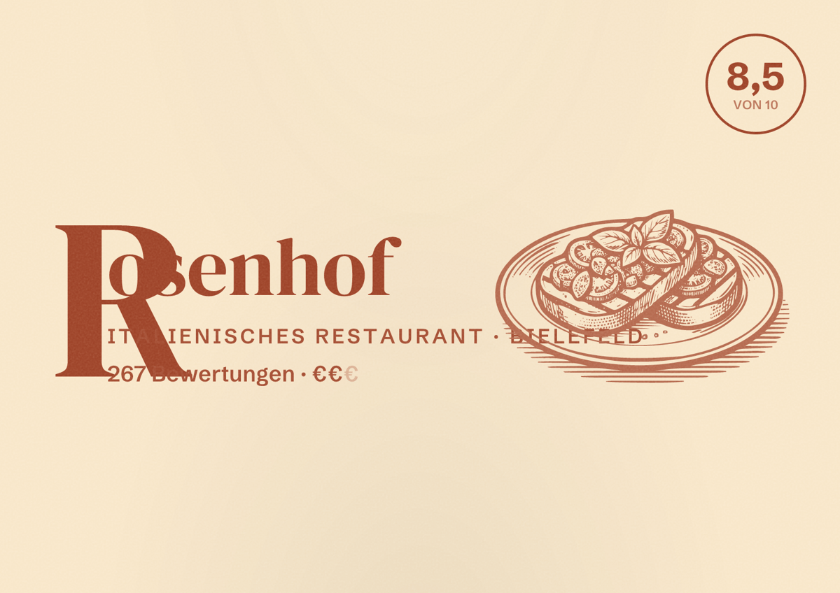 Illustriertes Poster von Rosenhof, Italienisches Restaurant in Bielefeld: Bewertung 8,5 von 10 aus 267 Bewertungen, Preisniveau €€