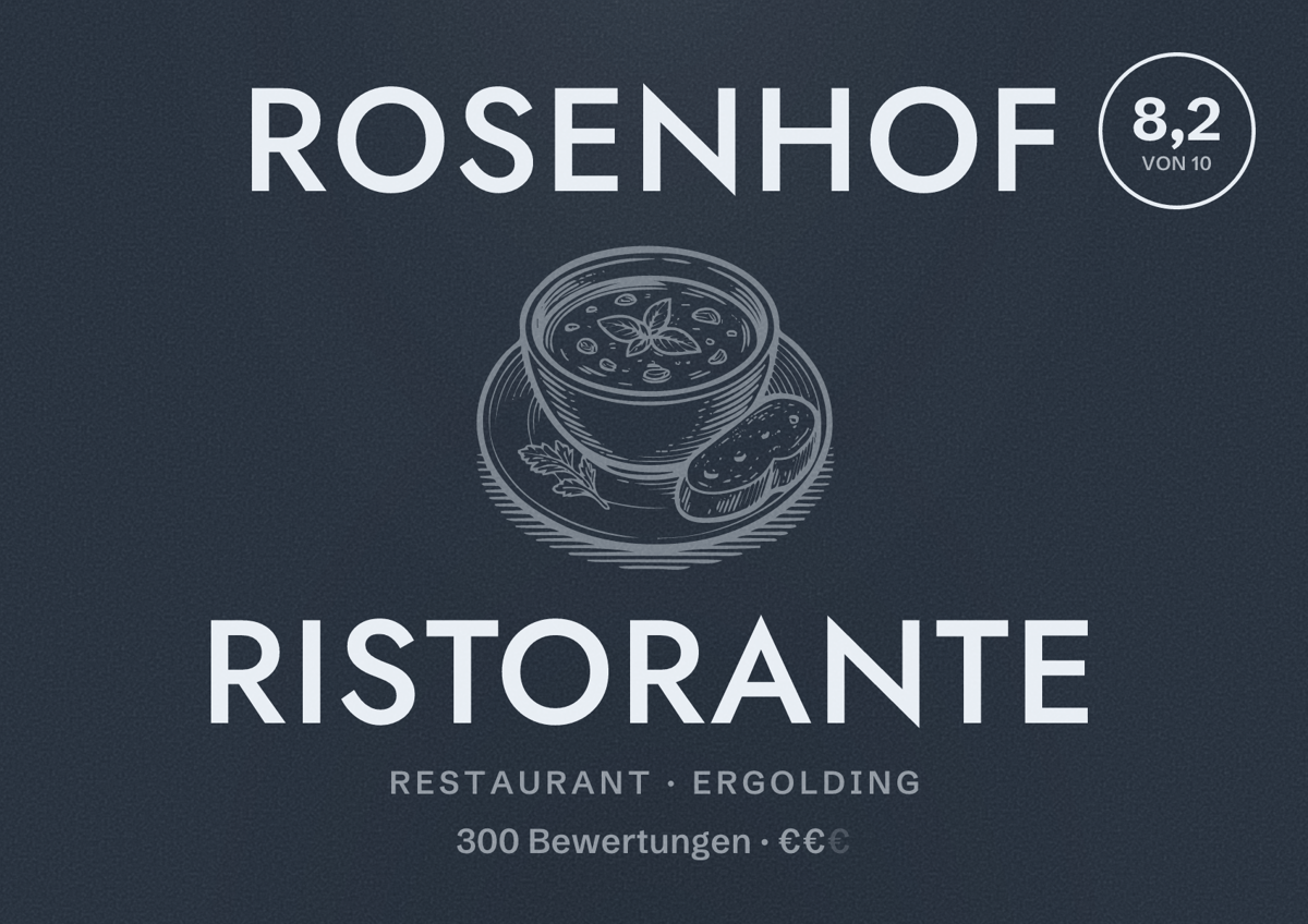 Illustriertes Poster von Rosenhof Ristorante, Restaurant in Ergolding: Bewertung 8,2 von 10 aus 300 Bewertungen, Preisniveau €€