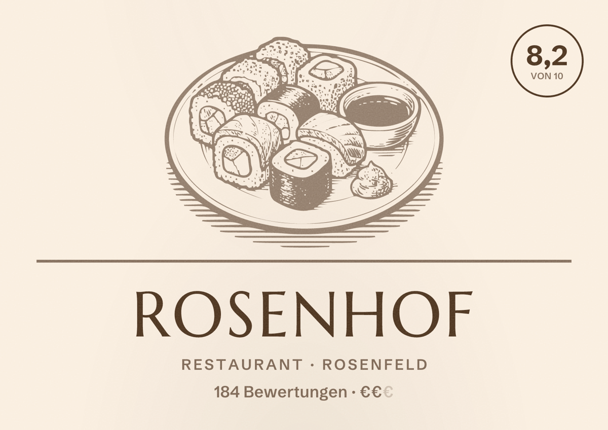 Illustriertes Poster von Rosenhof, Restaurant in Rosenfeld: Bewertung 8,2 von 10 aus 184 Bewertungen, Preisniveau €€