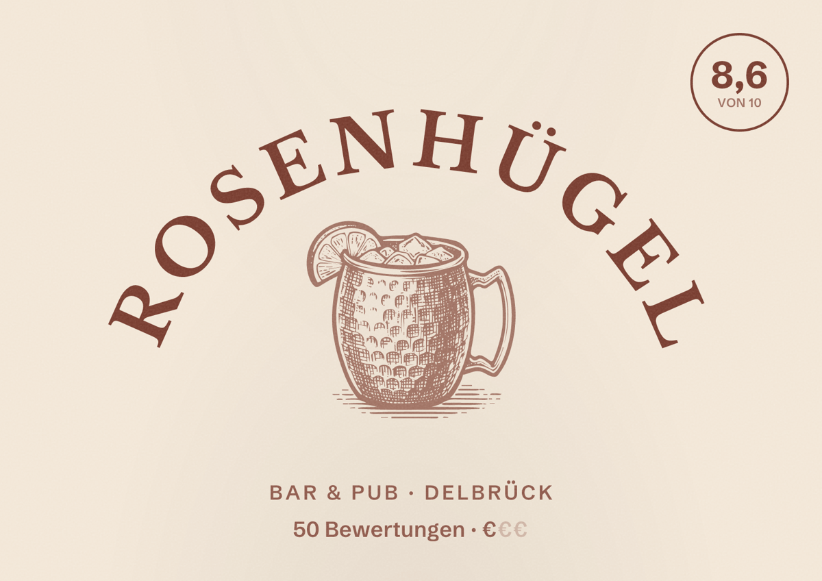 Illustriertes Poster von Rosenhügel, Bar & Pub in Delbrück: Bewertung 8,6 von 10 aus 50 Bewertungen, Preisniveau €