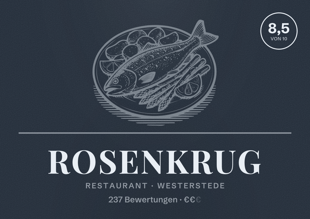 Illustriertes Poster von Rosenkrug, Restaurant in Westerstede: Bewertung 8,5 von 10 aus 237 Bewertungen, Preisniveau €€