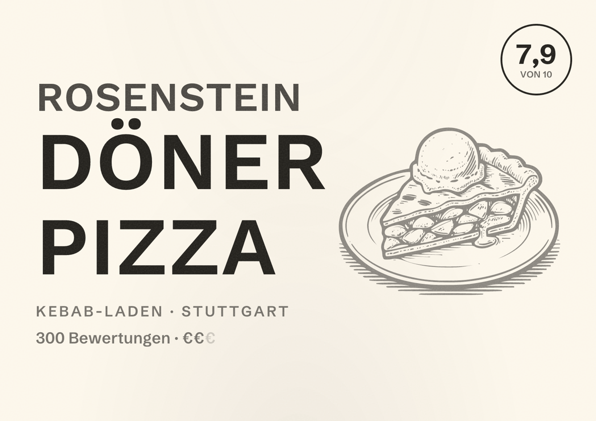 Illustriertes Poster von Rosenstein Döner Pizza, Kebab-Laden in Stuttgart: Bewertung 7,9 von 10 aus 300 Bewertungen, Preisniveau €€
