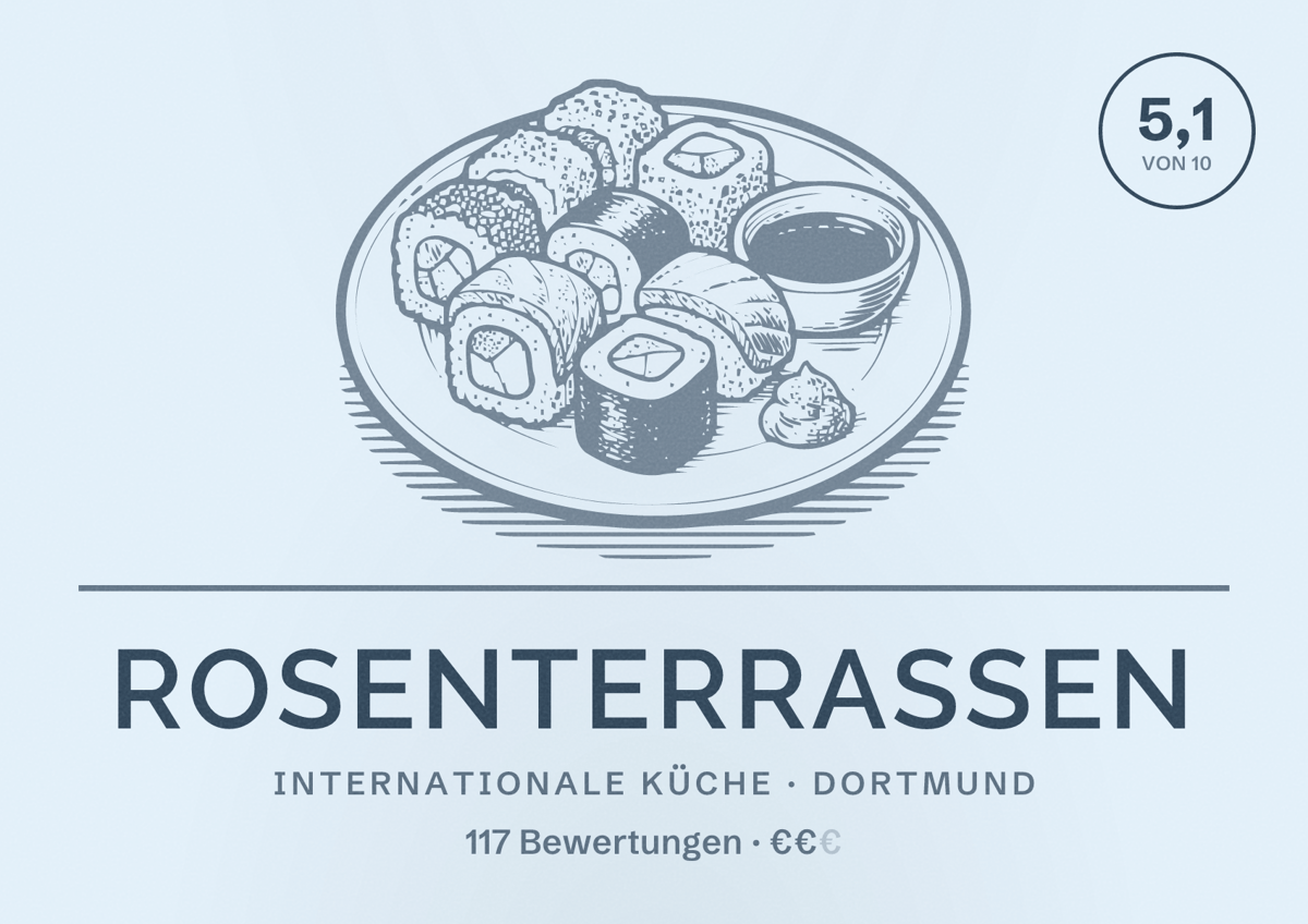Illustriertes Poster von Rosenterrassen, Internationale Küche in Dortmund: Bewertung 5,1 von 10 aus 117 Bewertungen, Preisniveau €€