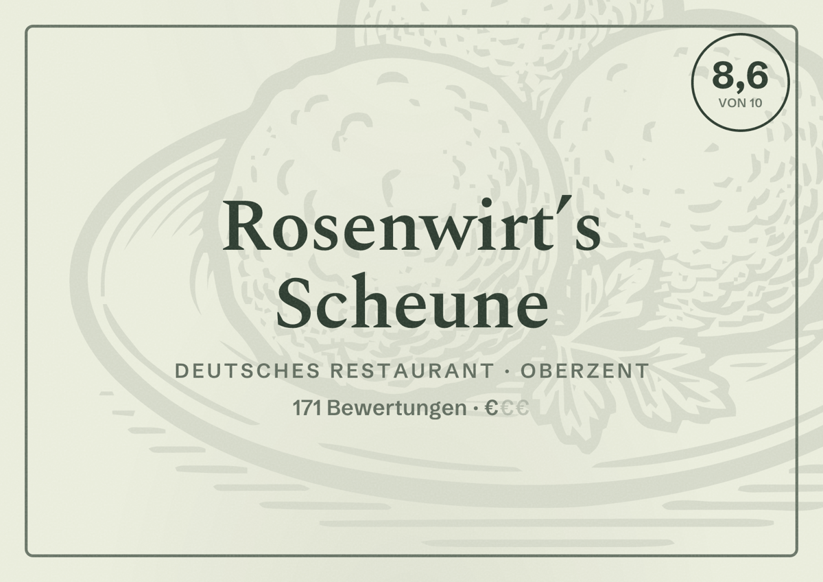 Illustriertes Poster von Rosenwirt’s Scheune, Deutsches Restaurant in Oberzent: Bewertung 8,6 von 10 aus 171 Bewertungen, Preisniveau €