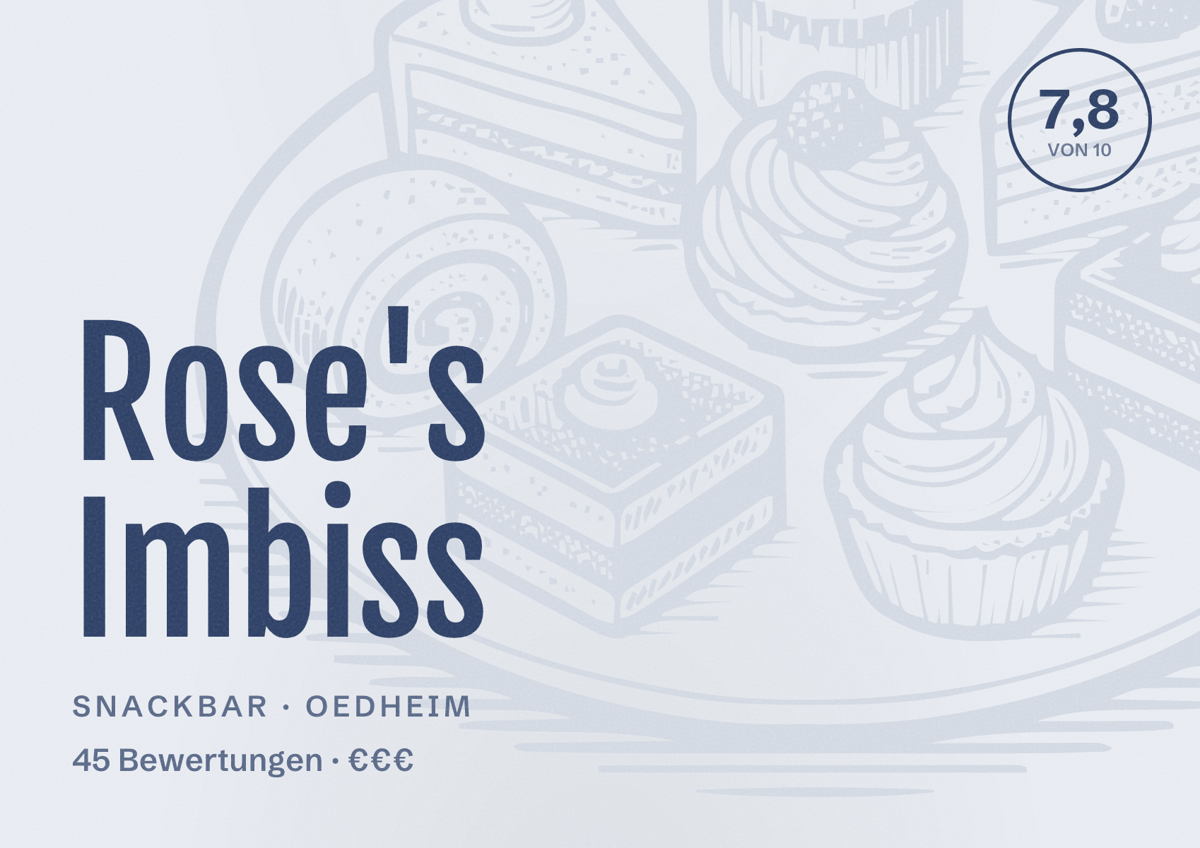 Illustriertes Poster von Rose's Imbiss, Snackbar in Oedheim: Bewertung 7,8 von 10 aus 45 Bewertungen, Preisniveau €€€
