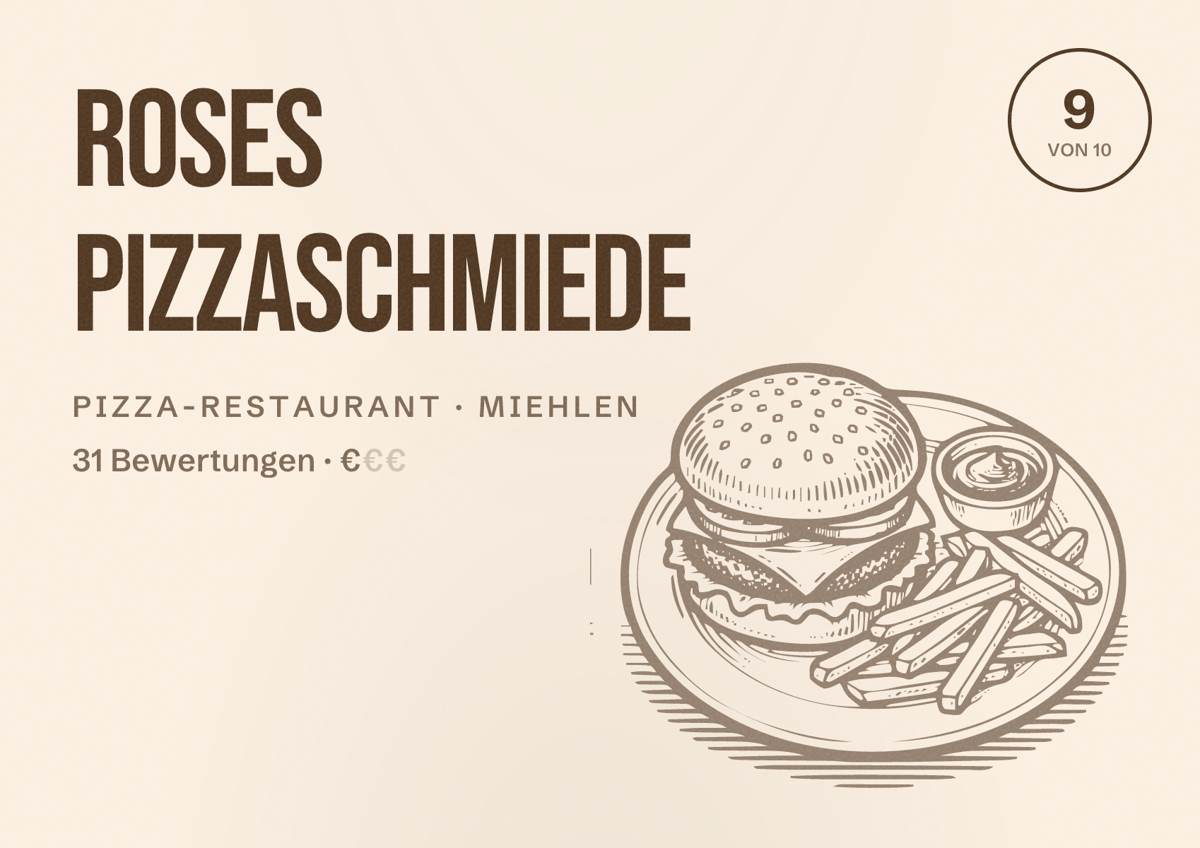 Illustriertes Poster von Roses Pizzaschmiede, Pizza-Restaurant in Miehlen: Bewertung 9 von 10 aus 31 Bewertungen, Preisniveau €
