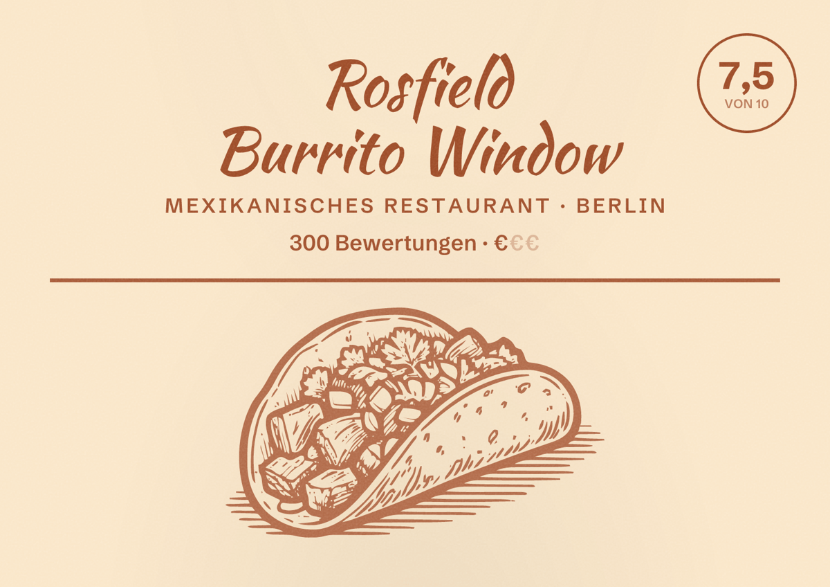 Illustriertes Poster von Rosfield Burrito Window, Mexikanisches Restaurant in Berlin: Bewertung 7,5 von 10 aus 300 Bewertungen, Preisniveau €