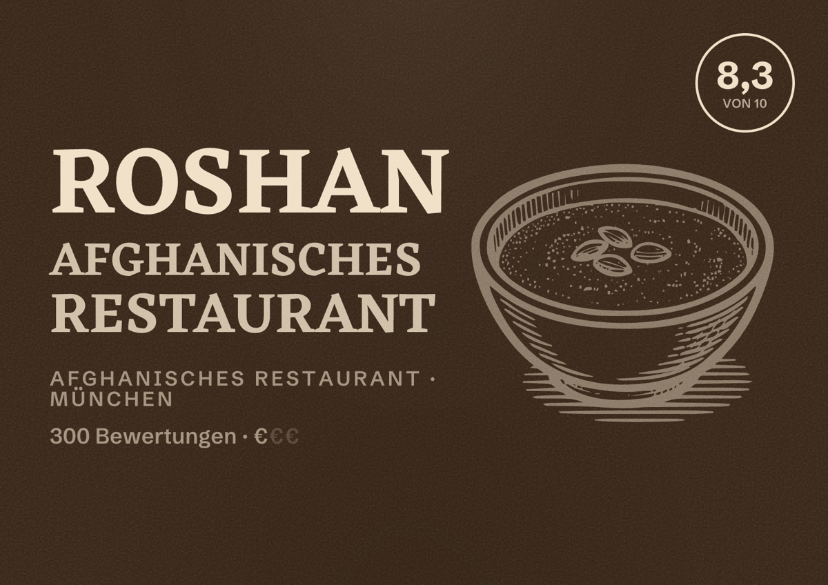 Illustriertes Poster von Roshan Afghanisches Restaurant, Afghanisches Restaurant in München: Bewertung 8,3 von 10 aus 300 Bewertungen, Preisniveau €