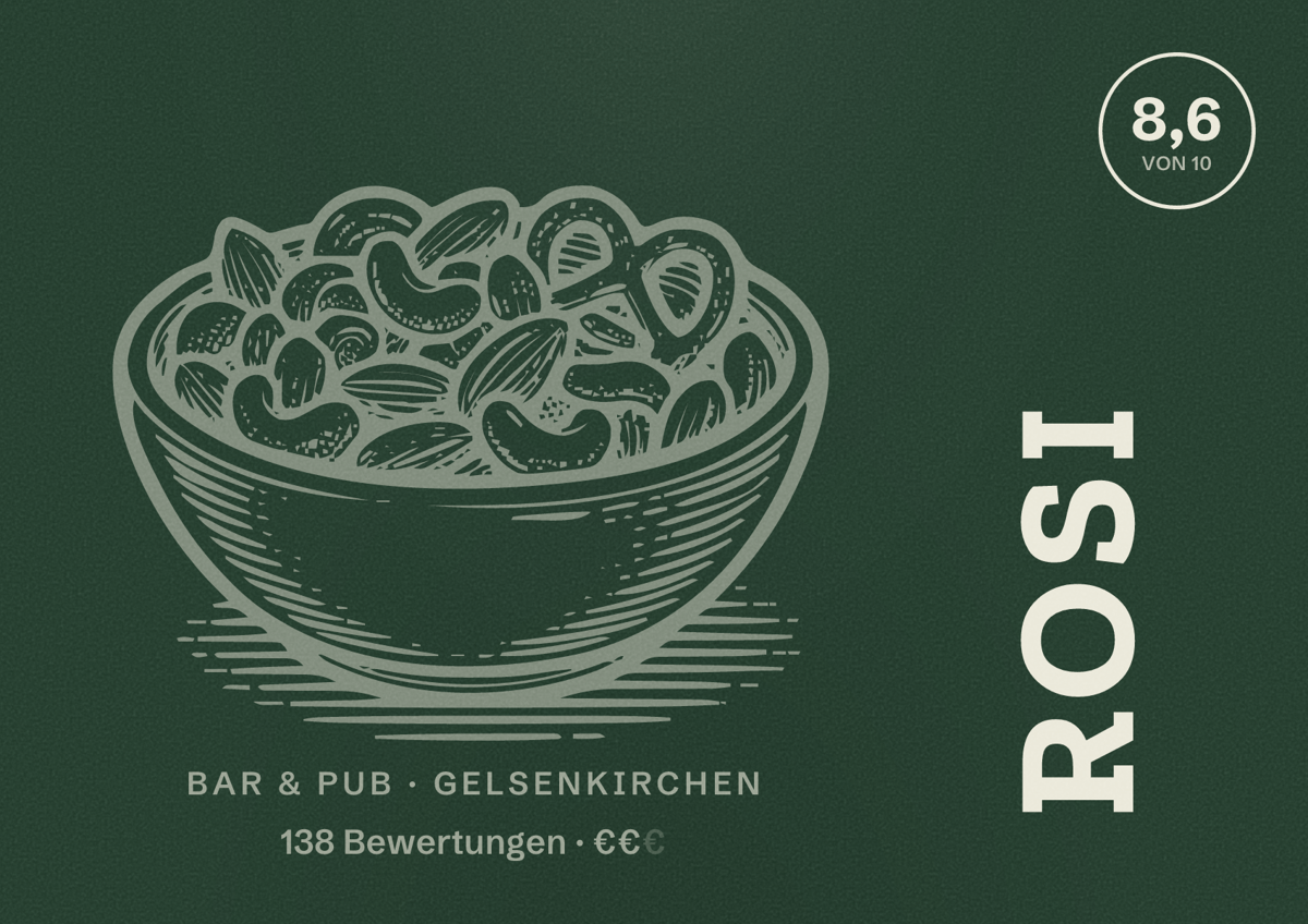 Illustriertes Poster von rosi, Bar & Pub in Gelsenkirchen: Bewertung 8,6 von 10 aus 138 Bewertungen, Preisniveau €€