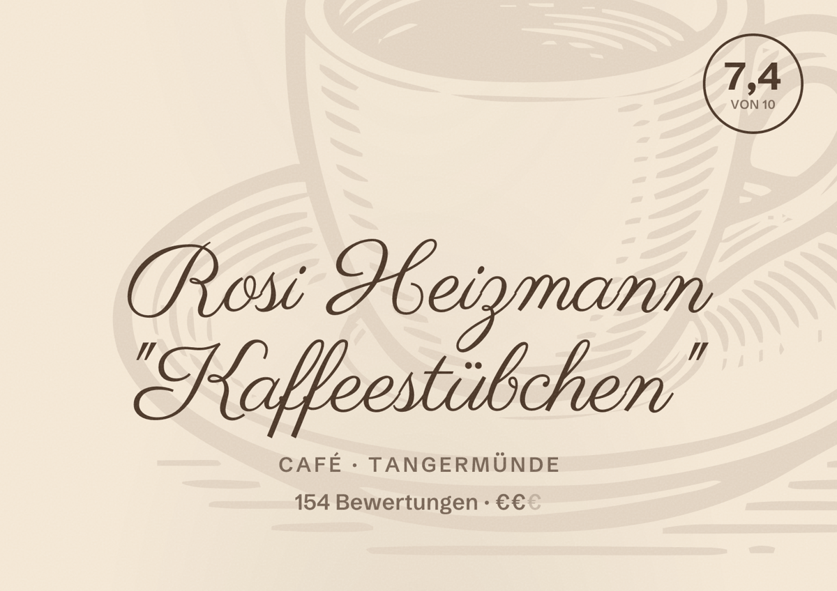 Illustriertes Poster von Rosi Heizmann "Kaffeestübchen", Café in Tangermünde: Bewertung 7,4 von 10 aus 154 Bewertungen, Preisniveau €€