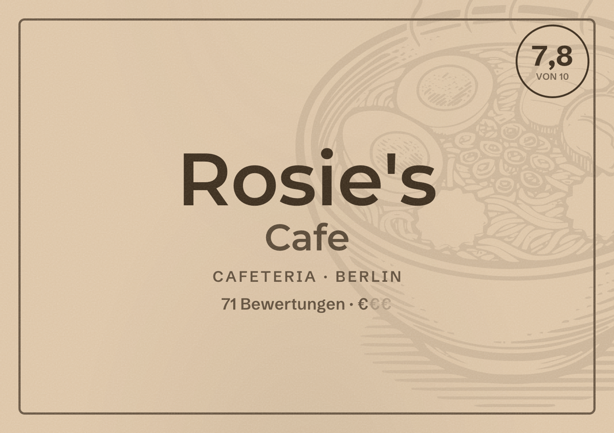 Illustriertes Poster von Rosie's Cafe, Cafeteria in Berlin: Bewertung 7,8 von 10 aus 71 Bewertungen, Preisniveau €