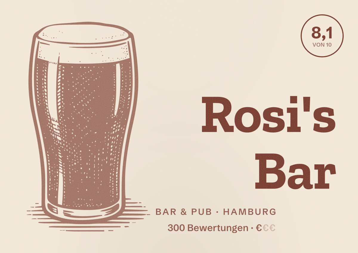 Illustriertes Poster von Rosi's Bar, Bar & Pub in Hamburg: Bewertung 8,1 von 10 aus 300 Bewertungen, Preisniveau €