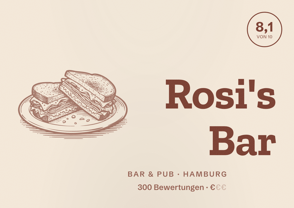 Illustriertes Poster von Rosi's Bar, Bar & Pub in Hamburg: Bewertung 8,1 von 10 aus 300 Bewertungen, Preisniveau €