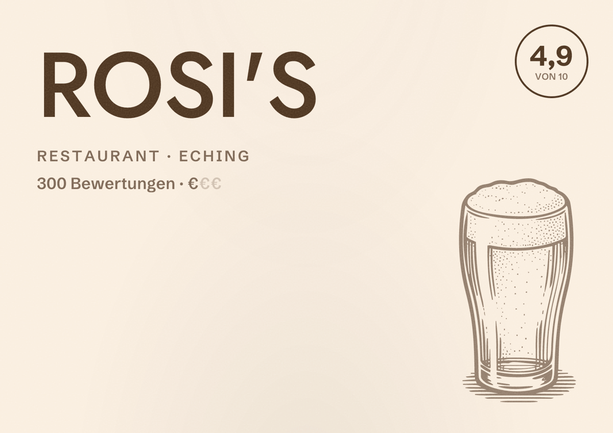Illustriertes Poster von ROSI'S, Restaurant in Eching: Bewertung 4,9 von 10 aus 300 Bewertungen, Preisniveau €