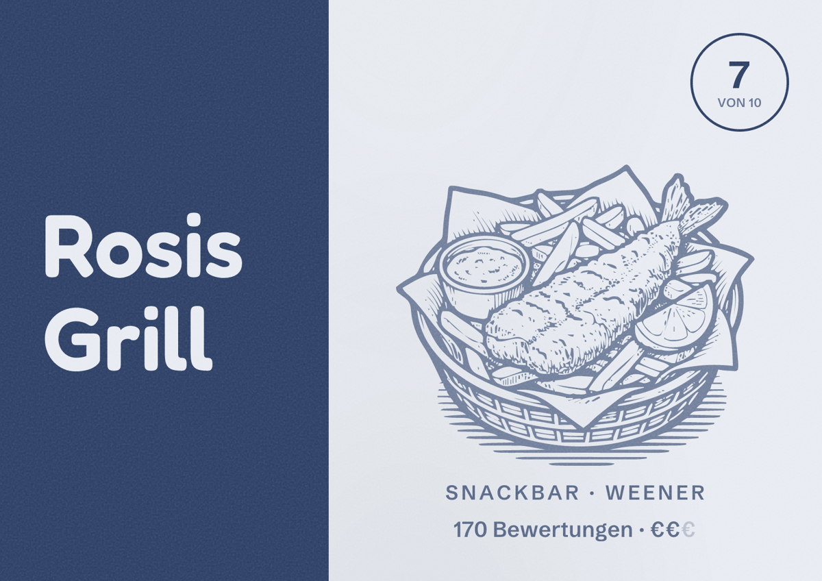 Illustriertes Poster von Rosis Grill, Snackbar in Weener: Bewertung 7 von 10 aus 170 Bewertungen, Preisniveau €€