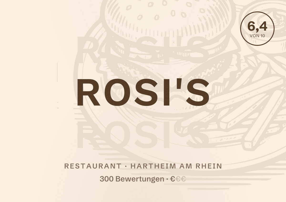 Illustriertes Poster von Rosi's, Restaurant in Hartheim am Rhein: Bewertung 6,4 von 10 aus 300 Bewertungen, Preisniveau €