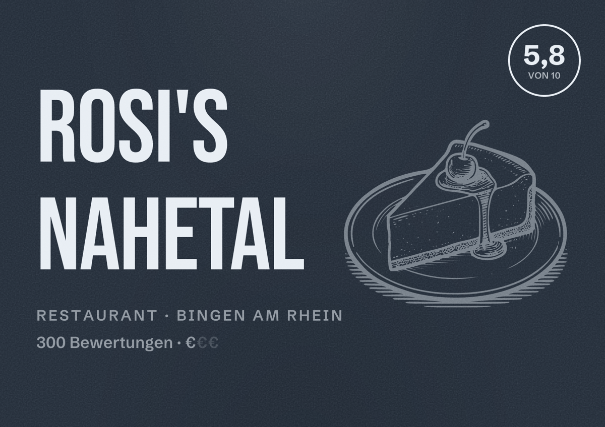 Illustriertes Poster von ROSI'S Nahetal, Restaurant in Bingen am Rhein: Bewertung 5,8 von 10 aus 300 Bewertungen, Preisniveau €