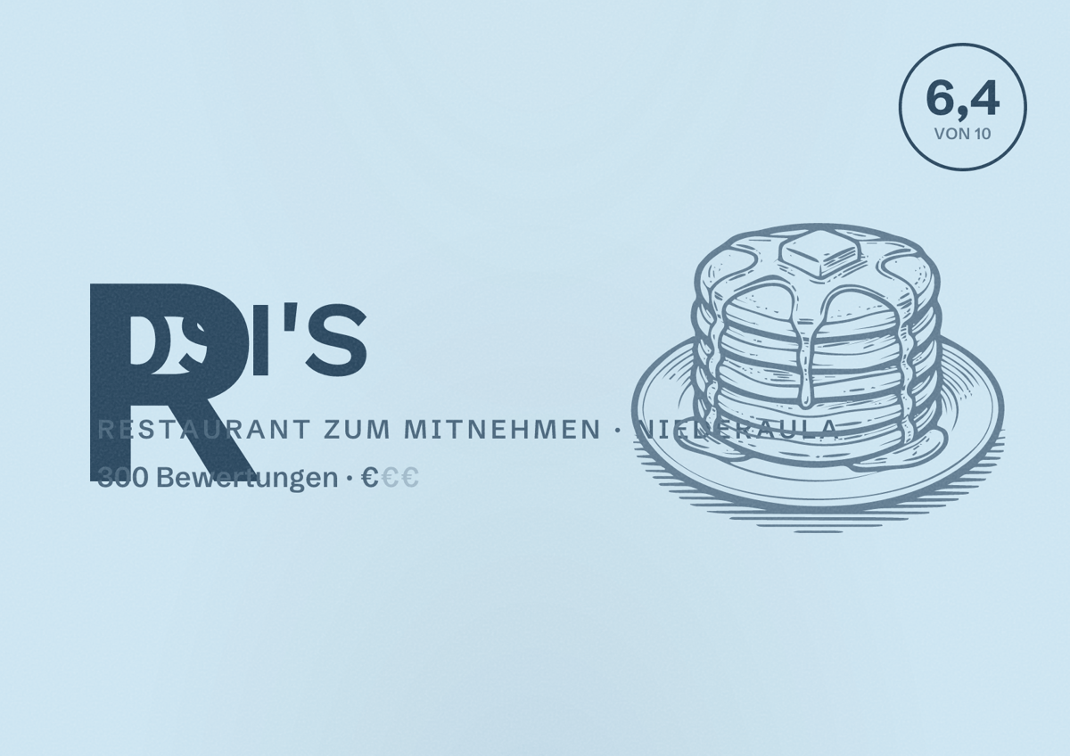 Illustriertes Poster von ROSI'S, Restaurant zum Mitnehmen in Niederaula: Bewertung 6,4 von 10 aus 300 Bewertungen, Preisniveau €