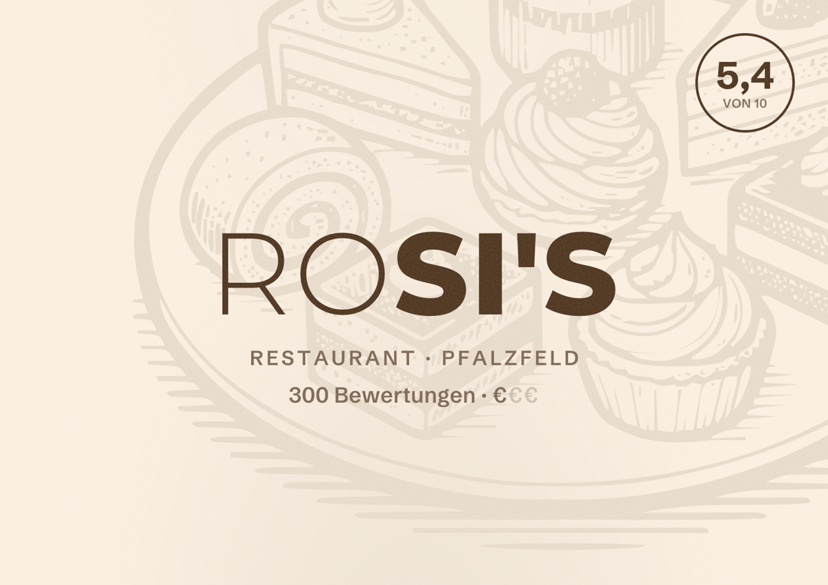 Illustriertes Poster von ROSI'S, Restaurant in Pfalzfeld: Bewertung 5,4 von 10 aus 300 Bewertungen, Preisniveau €