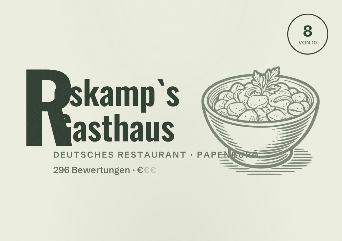 Illustriertes Poster von Roskamp`s Gasthaus, Deutsches Restaurant in Papenburg: Bewertung 8 von 10 aus 296 Bewertungen, Preisniveau €