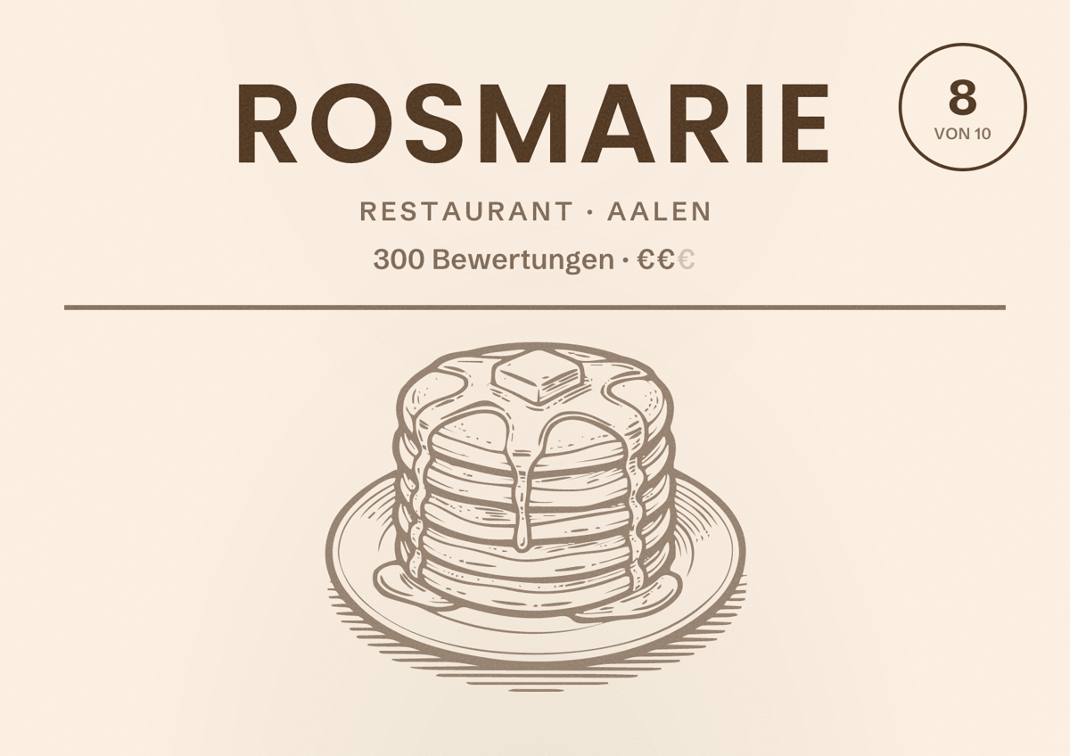 Illustriertes Poster von ROSMARIE, Restaurant in Aalen: Bewertung 8 von 10 aus 300 Bewertungen, Preisniveau €€
