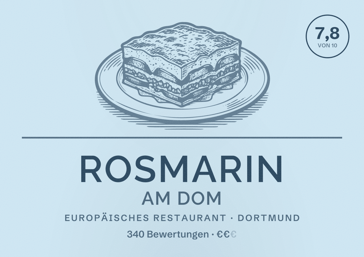 Illustriertes Poster von Rosmarin am Dom, Europäisches Restaurant in Dortmund: Bewertung 7,8 von 10 aus 340 Bewertungen, Preisniveau €€