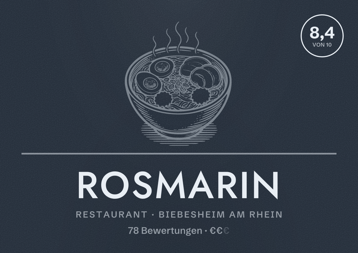 Illustriertes Poster von Rosmarin, Restaurant in Biebesheim am Rhein: Bewertung 8,4 von 10 aus 78 Bewertungen, Preisniveau €€