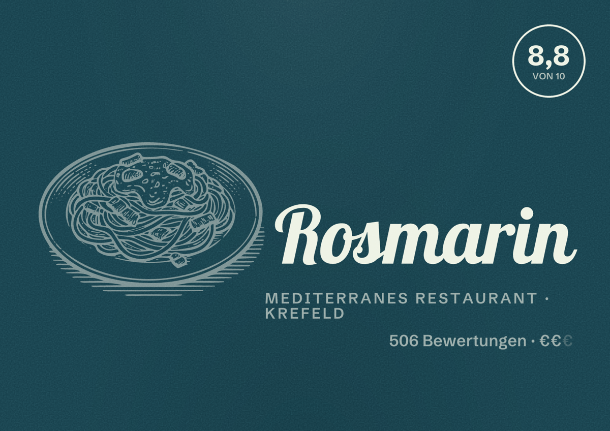 Illustriertes Poster von Rosmarin, Mediterranes Restaurant in Krefeld: Bewertung 8,8 von 10 aus 506 Bewertungen, Preisniveau €€