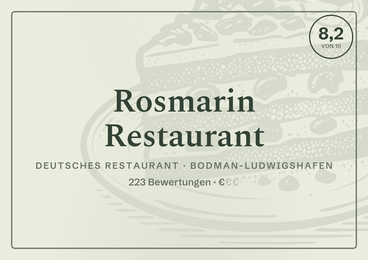 Illustriertes Poster von Rosmarin Restaurant, Deutsches Restaurant in Bodman-Ludwigshafen: Bewertung 8,2 von 10 aus 223 Bewertungen, Preisniveau €