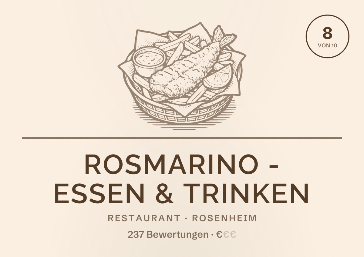 Illustriertes Poster von Rosmarino - Essen & Trinken, Restaurant in Rosenheim: Bewertung 8 von 10 aus 237 Bewertungen, Preisniveau €