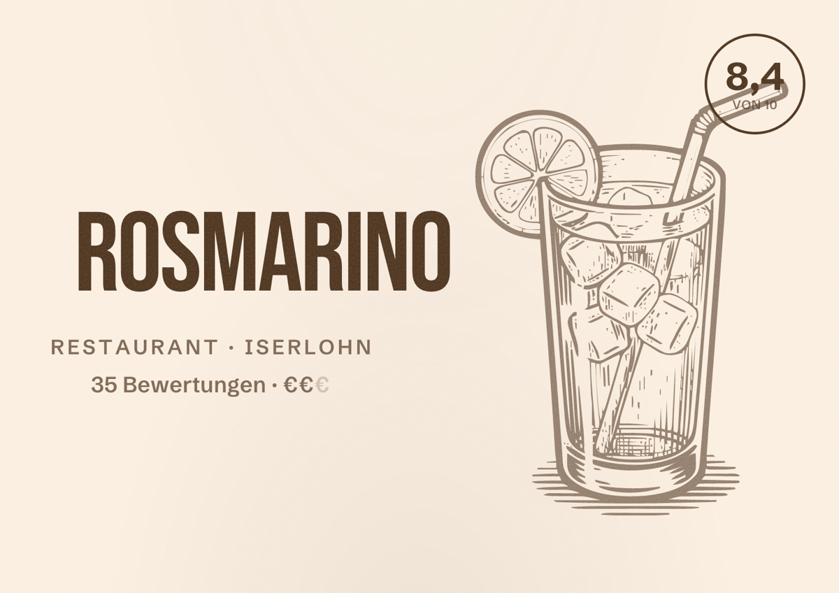 Illustriertes Poster von Rosmarino, Restaurant in Iserlohn: Bewertung 8,4 von 10 aus 35 Bewertungen, Preisniveau €€