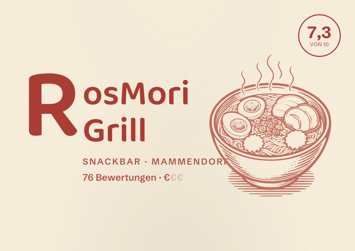 Illustriertes Poster von RosMori Grill, Snackbar in Mammendorf: Bewertung 7,3 von 10 aus 76 Bewertungen, Preisniveau €