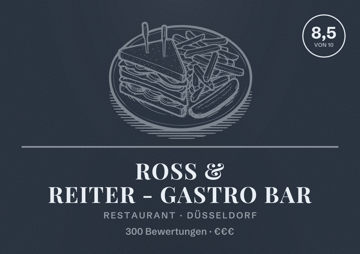 Illustriertes Poster von Ross & Reiter - Gastro Bar, Restaurant in Düsseldorf: Bewertung 8,5 von 10 aus 300 Bewertungen, Preisniveau €€€