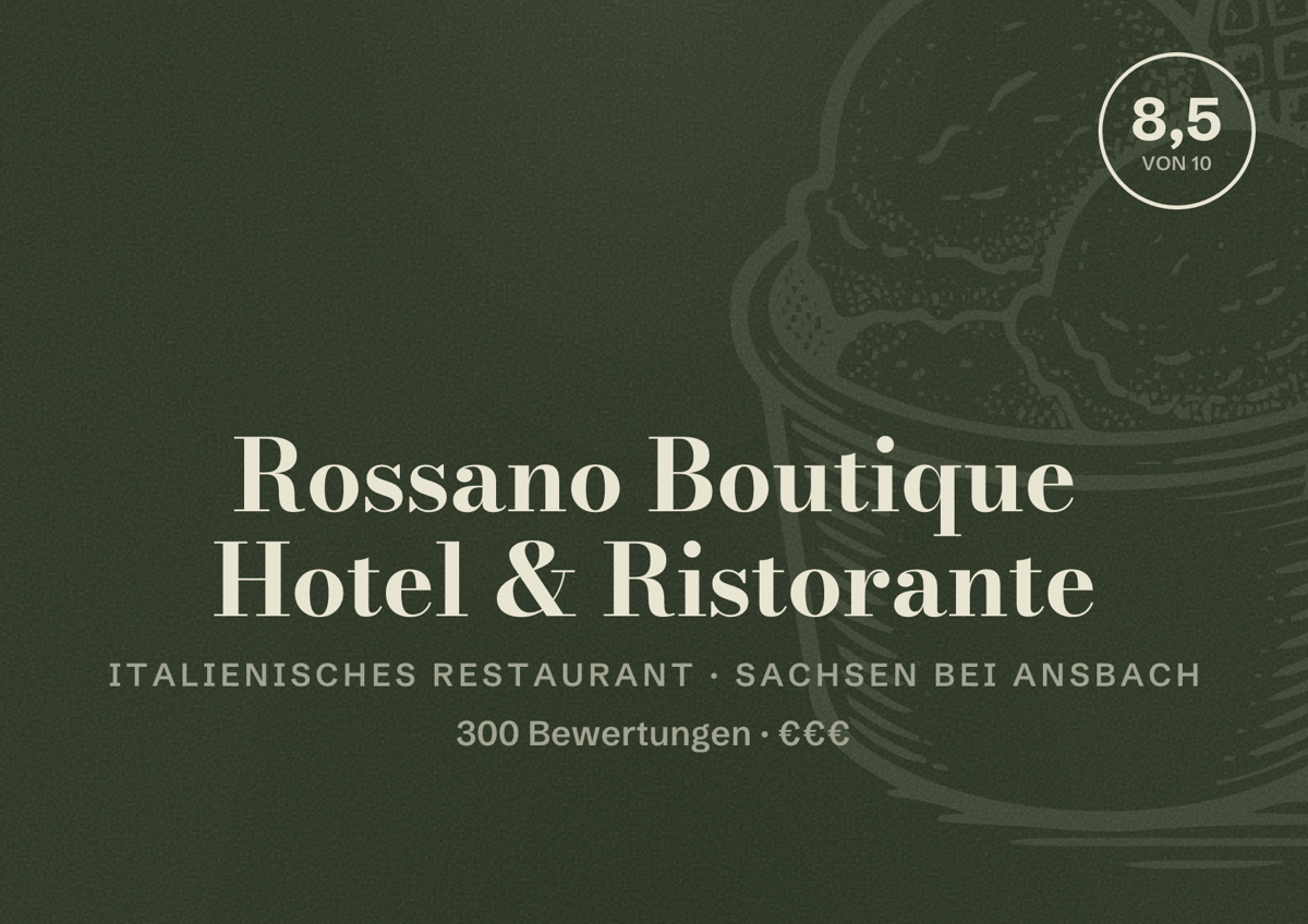 Illustriertes Poster von Rossano Boutique Hotel & Ristorante, Italienisches Restaurant in Sachsen bei Ansbach: Bewertung 8,5 von 10 aus 300 Bewertungen, Preisniveau €€€