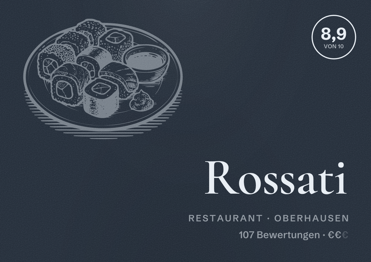 Illustriertes Poster von Rossati, Restaurant in Oberhausen: Bewertung 8,9 von 10 aus 107 Bewertungen, Preisniveau €€