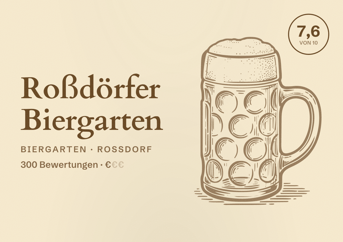Illustriertes Poster von Roßdörfer Biergarten, Biergarten in Roßdorf: Bewertung 7,6 von 10 aus 300 Bewertungen, Preisniveau €